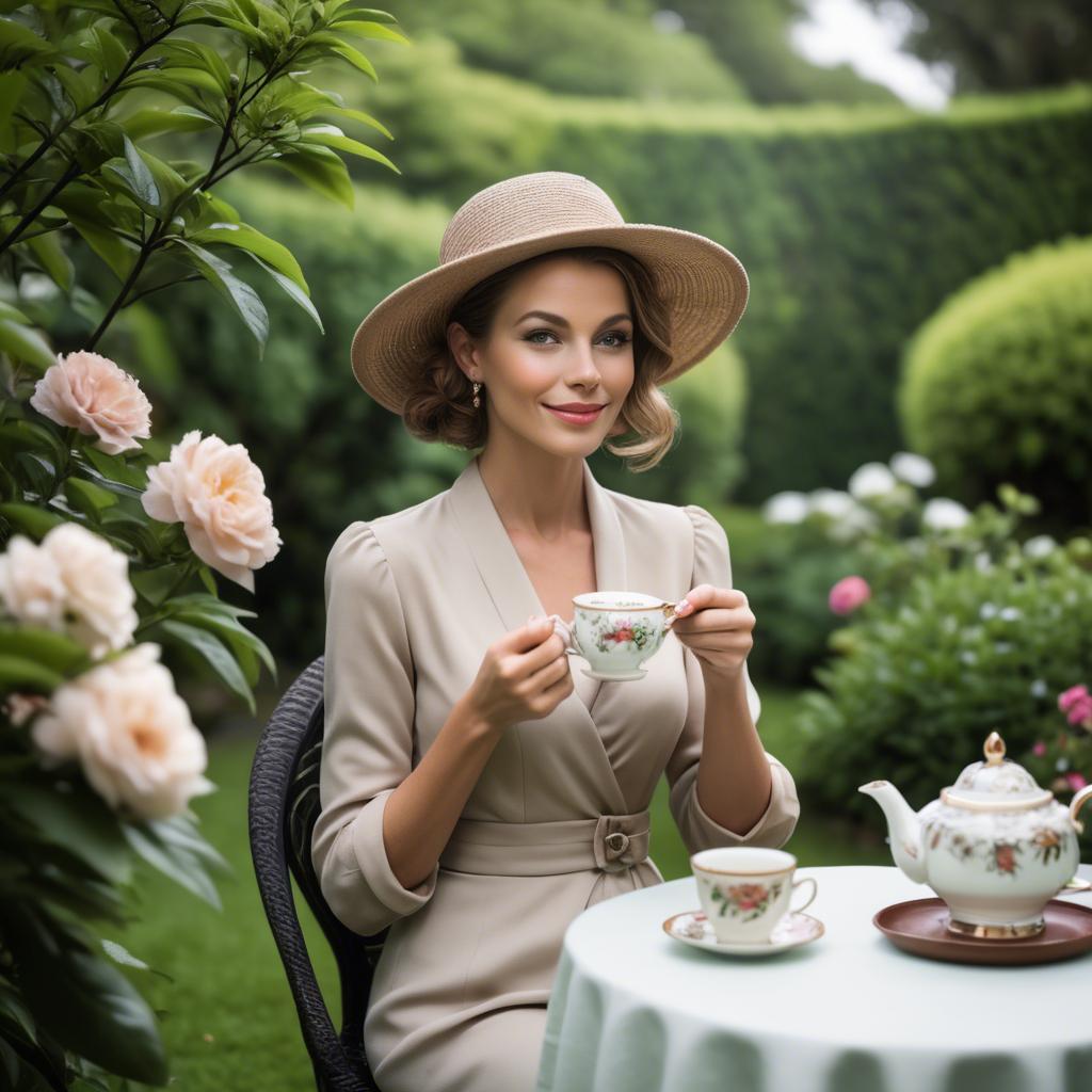 A stunning image of sophisticated woman enjoying tea in a lush garden.