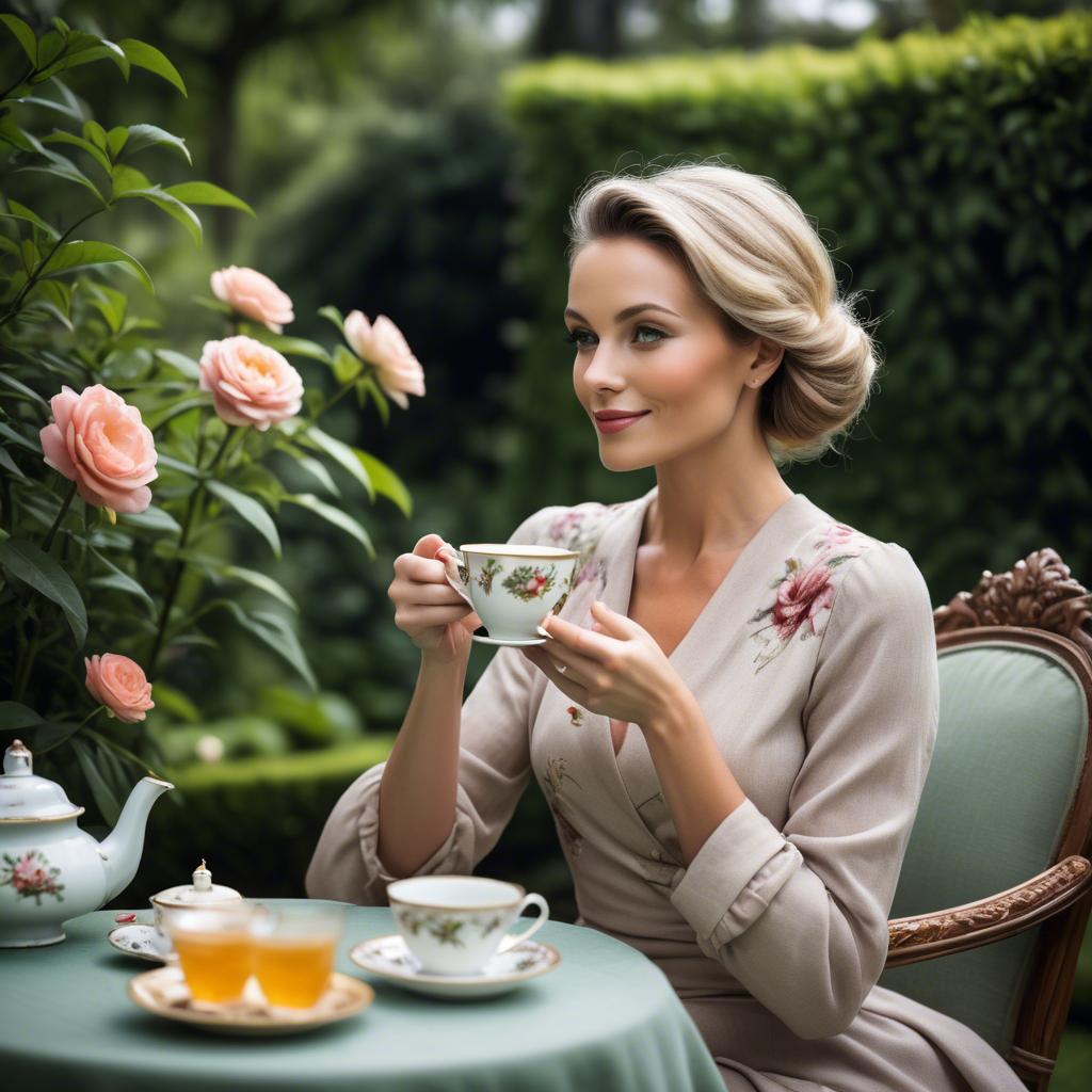 A stunning image of sophisticated woman enjoying tea in a lush garden.