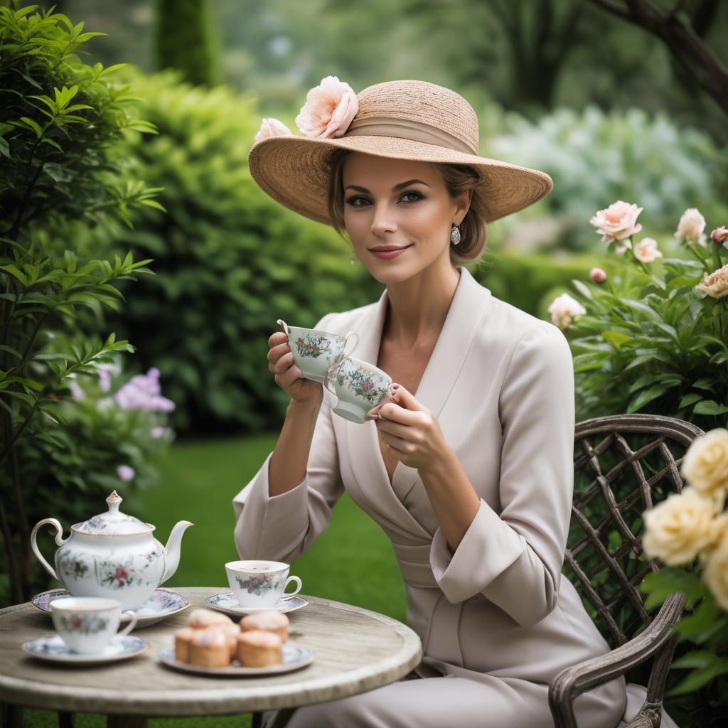 A stunning image of sophisticated woman enjoying tea in a lush garden.