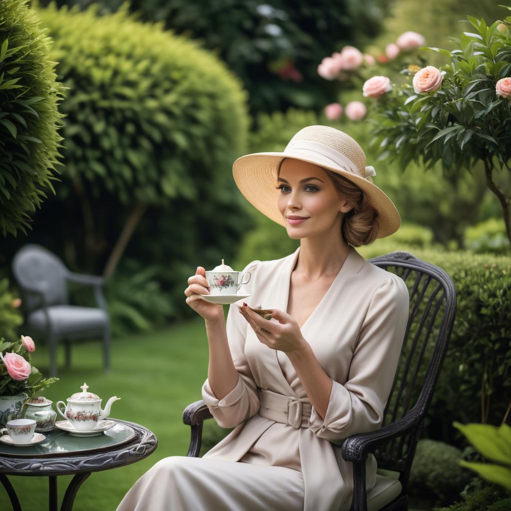 A stunning image of sophisticated woman enjoying tea in a lush garden.