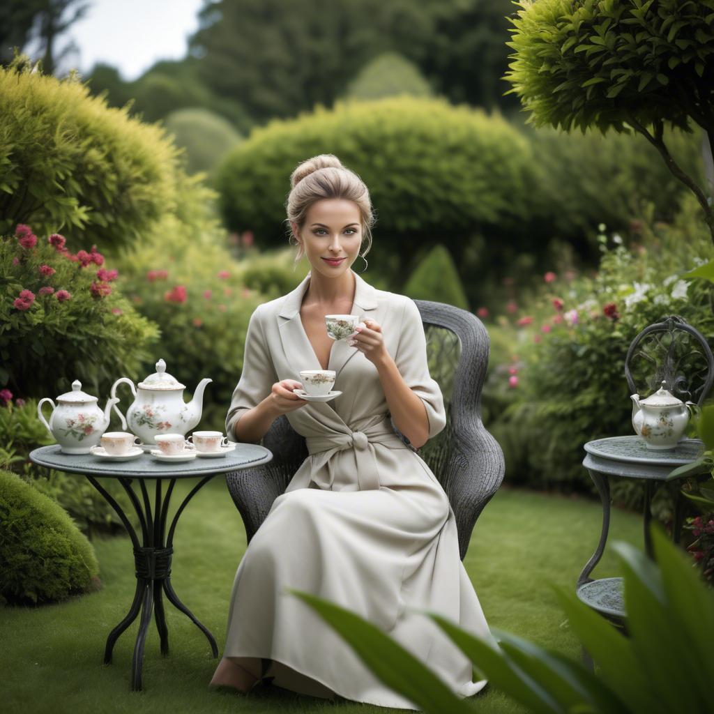 A stunning image of sophisticated woman enjoying tea in a lush garden.