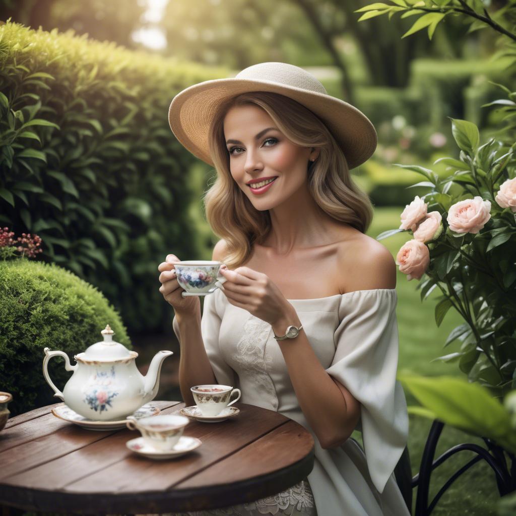 A stunning image of sophisticated woman enjoying tea in a lush garden.