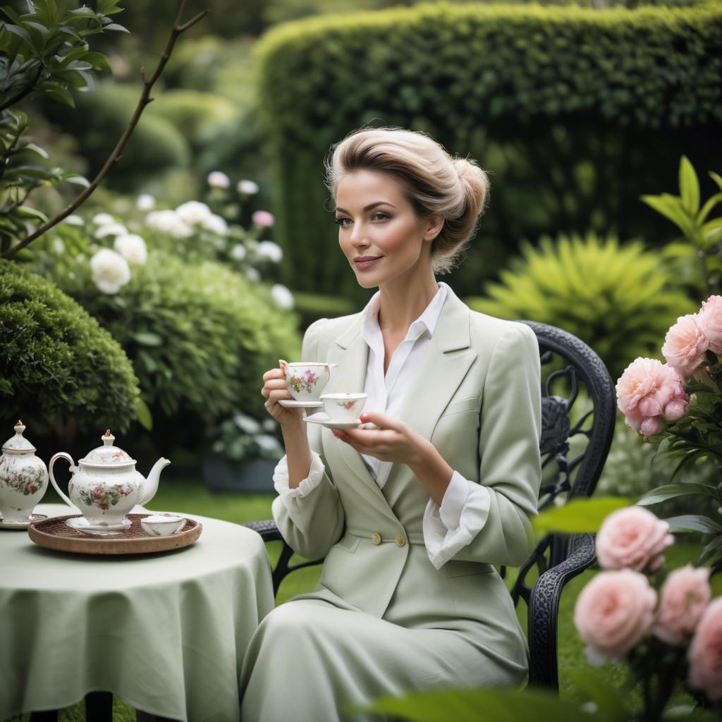A stunning image of sophisticated woman enjoying tea in a lush garden.
