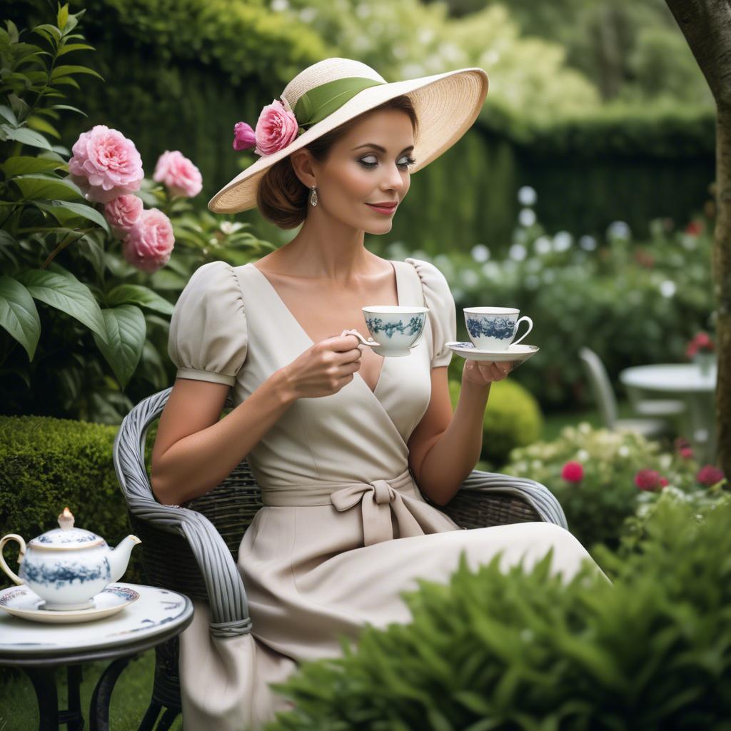 A stunning image of sophisticated woman enjoying tea in a lush garden.