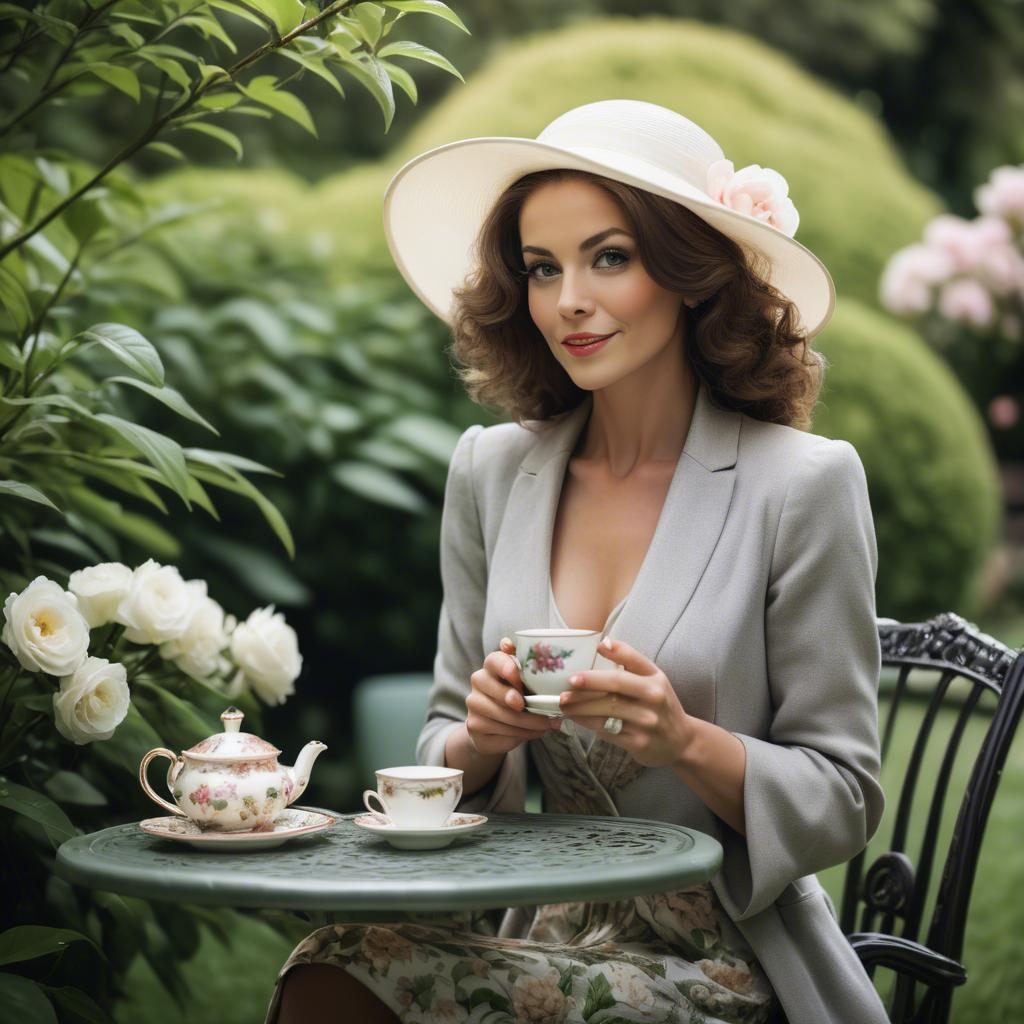 A stunning image of sophisticated woman enjoying tea in a lush garden.