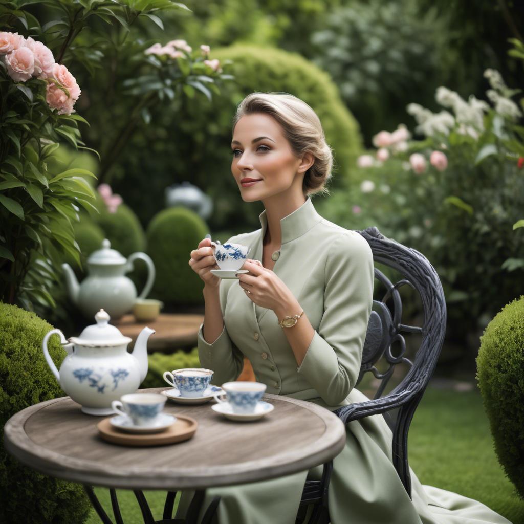 A stunning image of sophisticated woman enjoying tea in a lush garden.