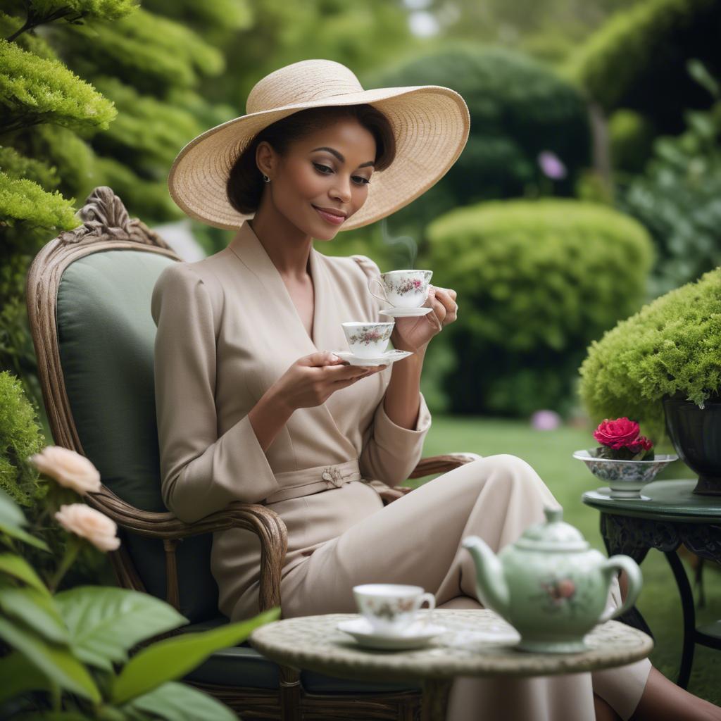 A stunning image of sophisticated woman enjoying tea in a lush garden.