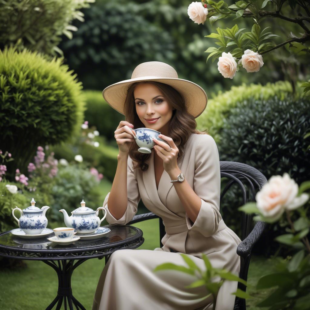A stunning image of sophisticated woman enjoying tea in a lush garden.