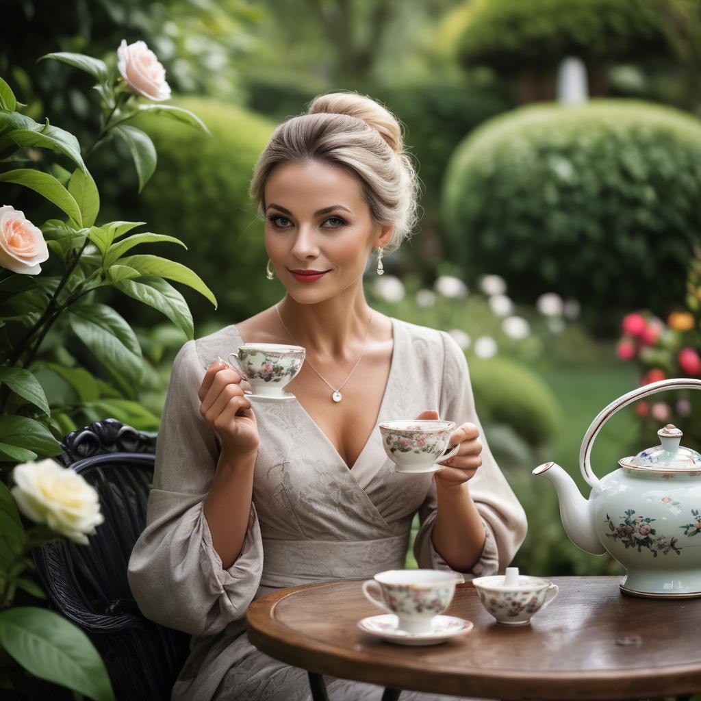 A stunning image of sophisticated woman enjoying tea in a lush garden.