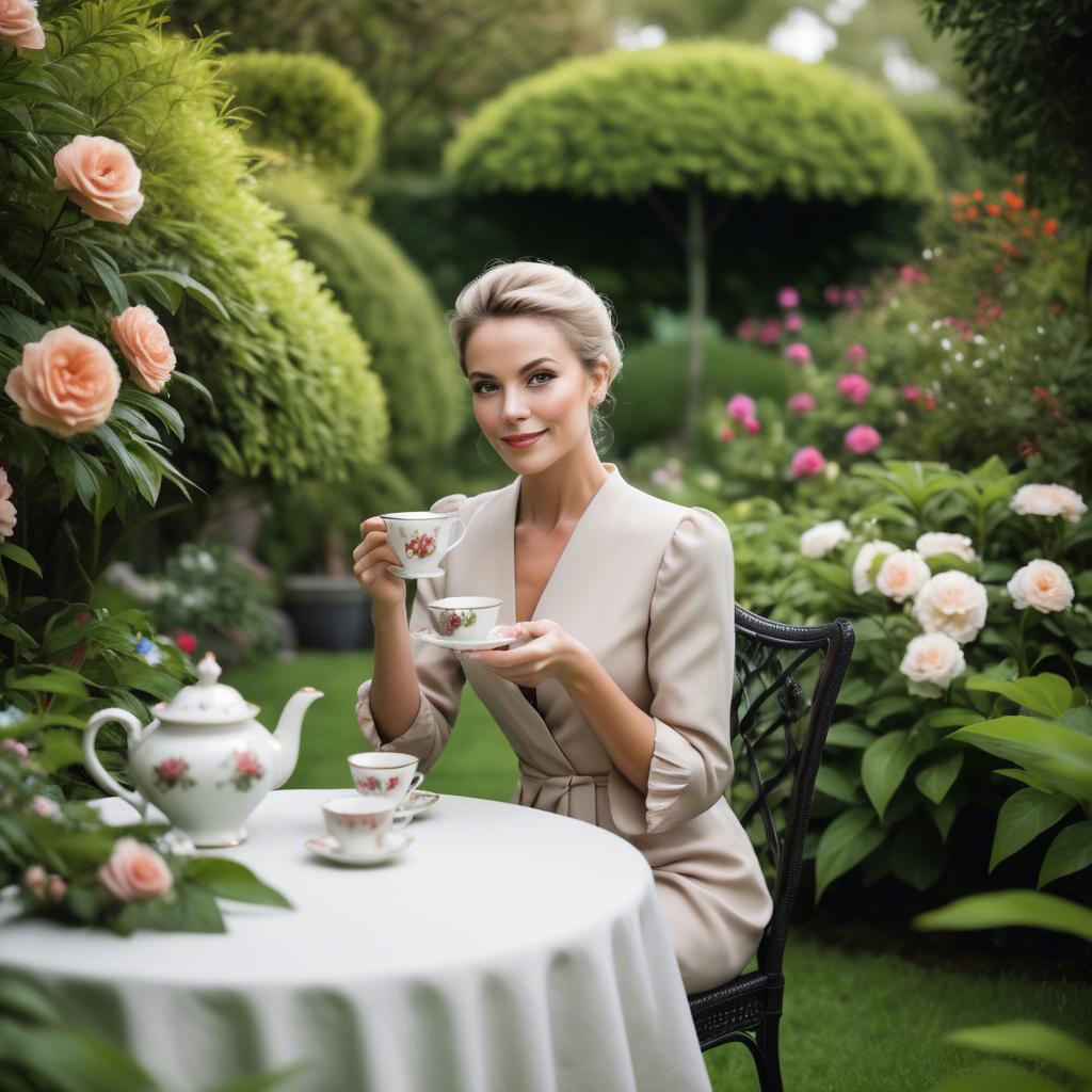 A stunning image of sophisticated woman enjoying tea in a lush garden.