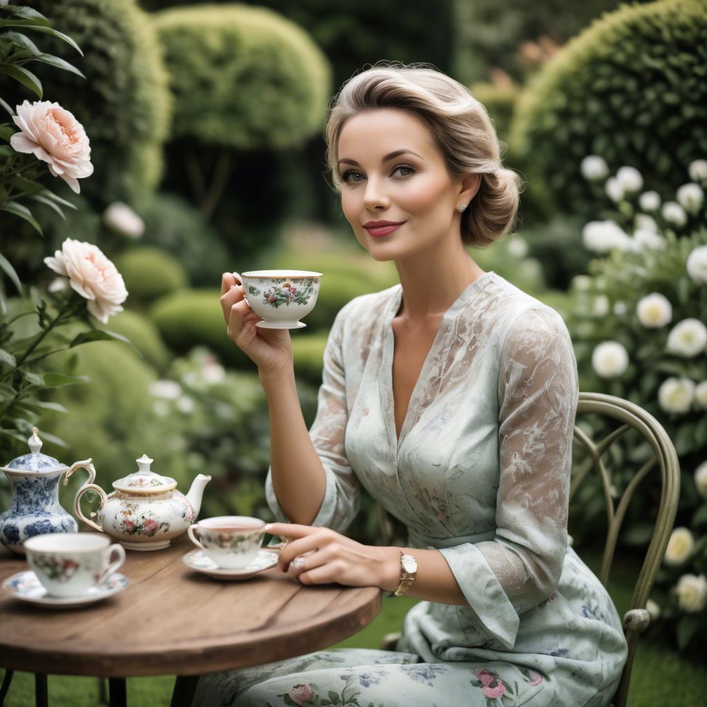 A stunning image of sophisticated woman enjoying tea in a lush garden.