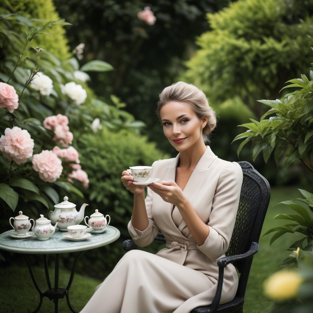 A stunning image of sophisticated woman enjoying tea in a lush garden.
