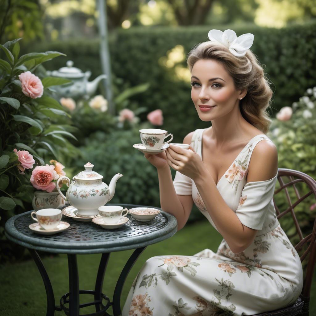 A stunning image of sophisticated woman enjoying tea in a lush garden.