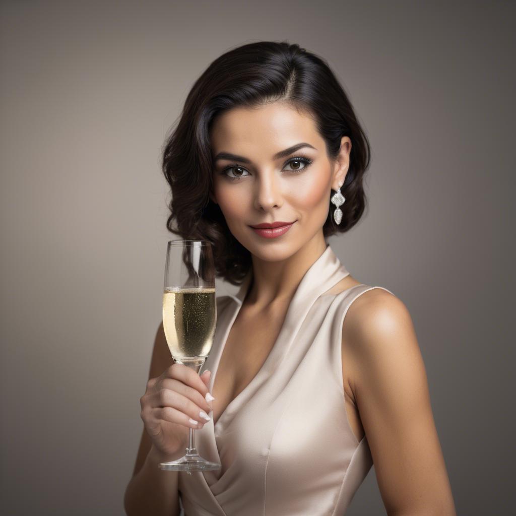 A stunning image of sophisticated woman holding a glass of champagne.