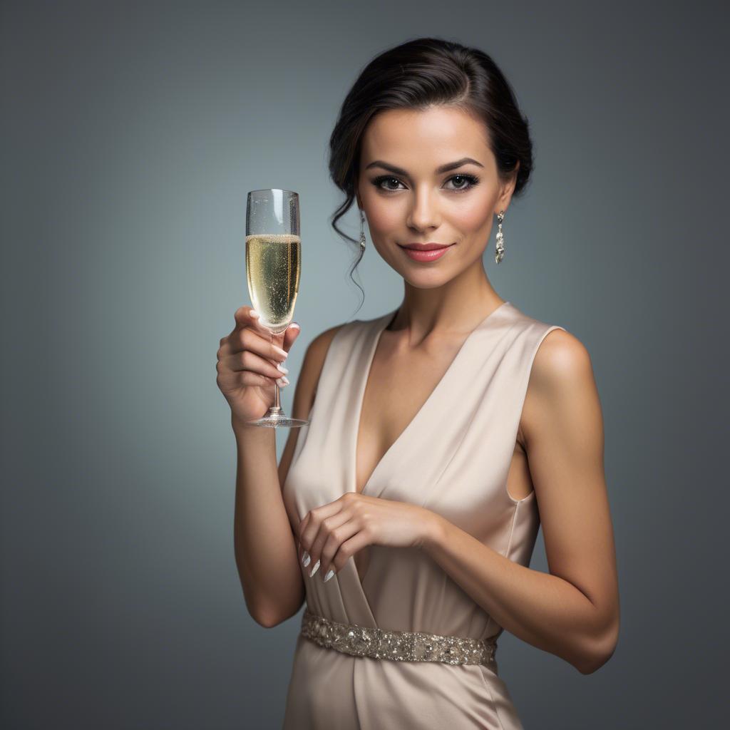 A stunning image of sophisticated woman holding a glass of champagne.