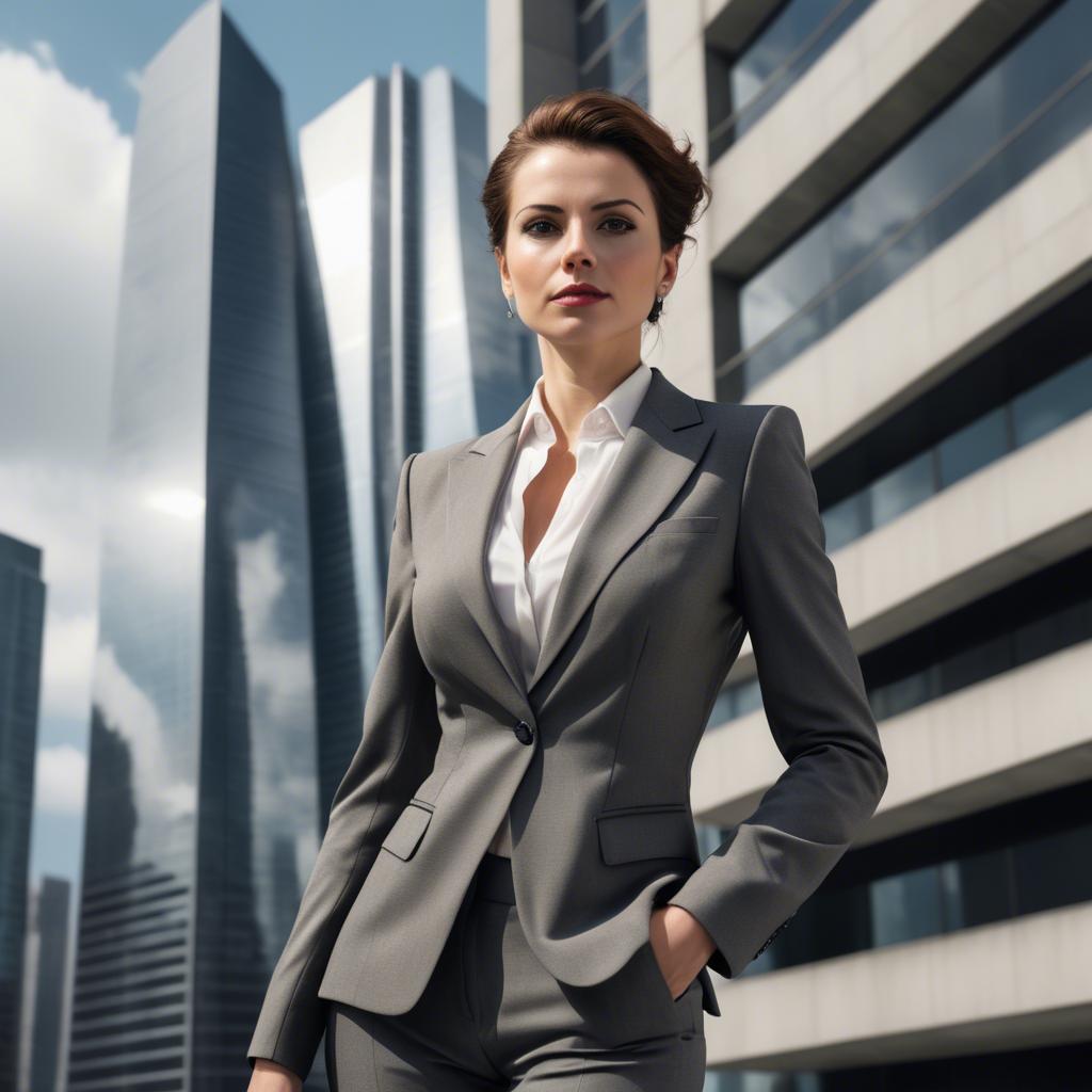 A stunning image of sophisticated woman in a power suit at a skyscraper.