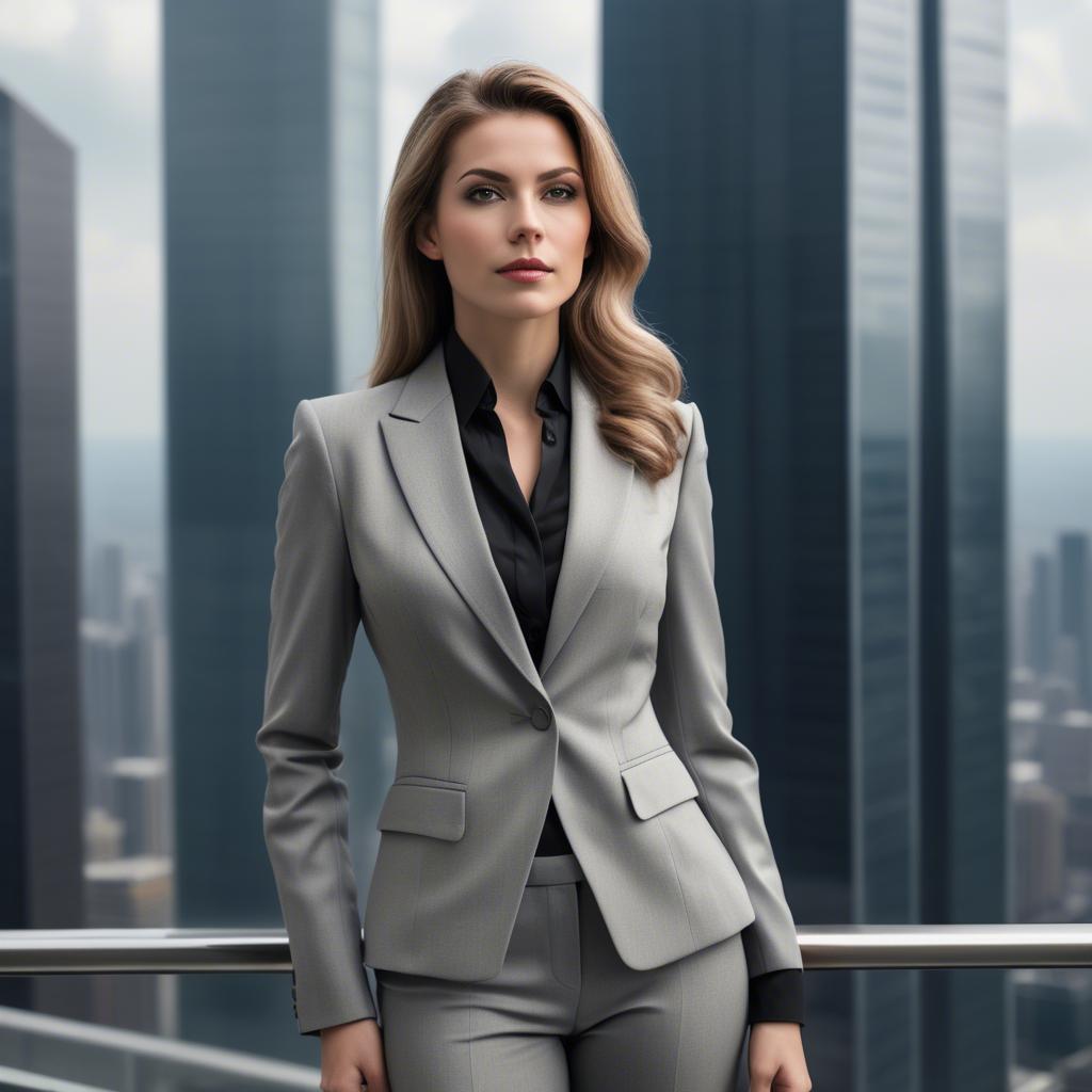 A stunning image of sophisticated woman in a power suit at a skyscraper.