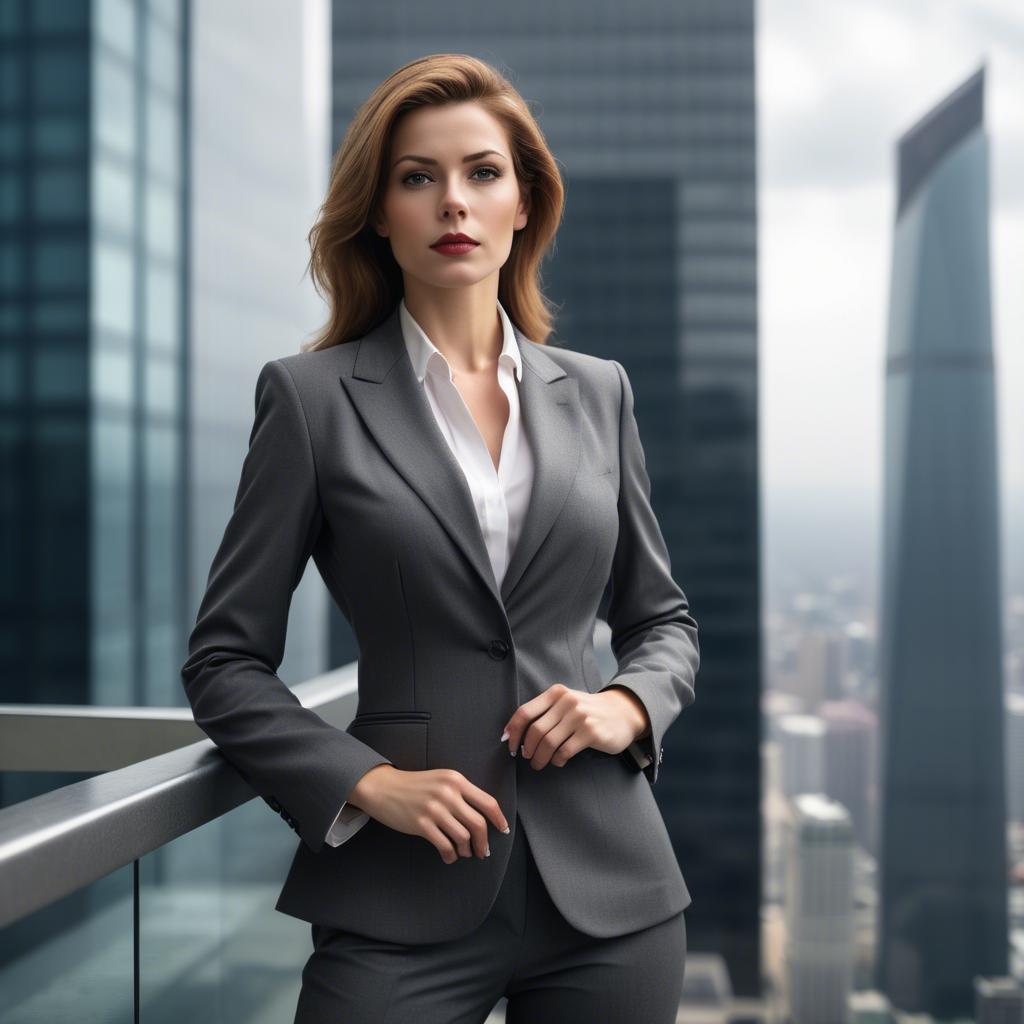 A stunning image of sophisticated woman in a power suit at a skyscraper.