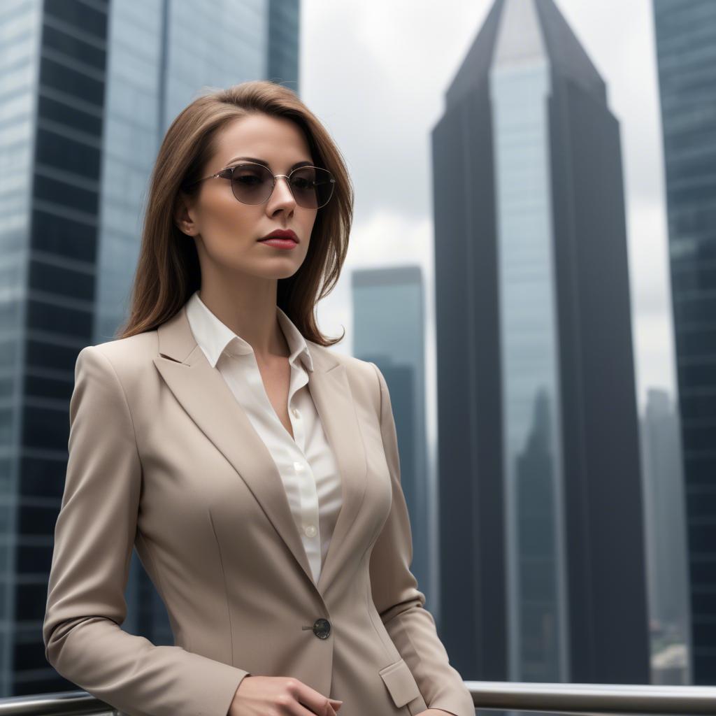 A stunning image of sophisticated woman in a power suit at a skyscraper.