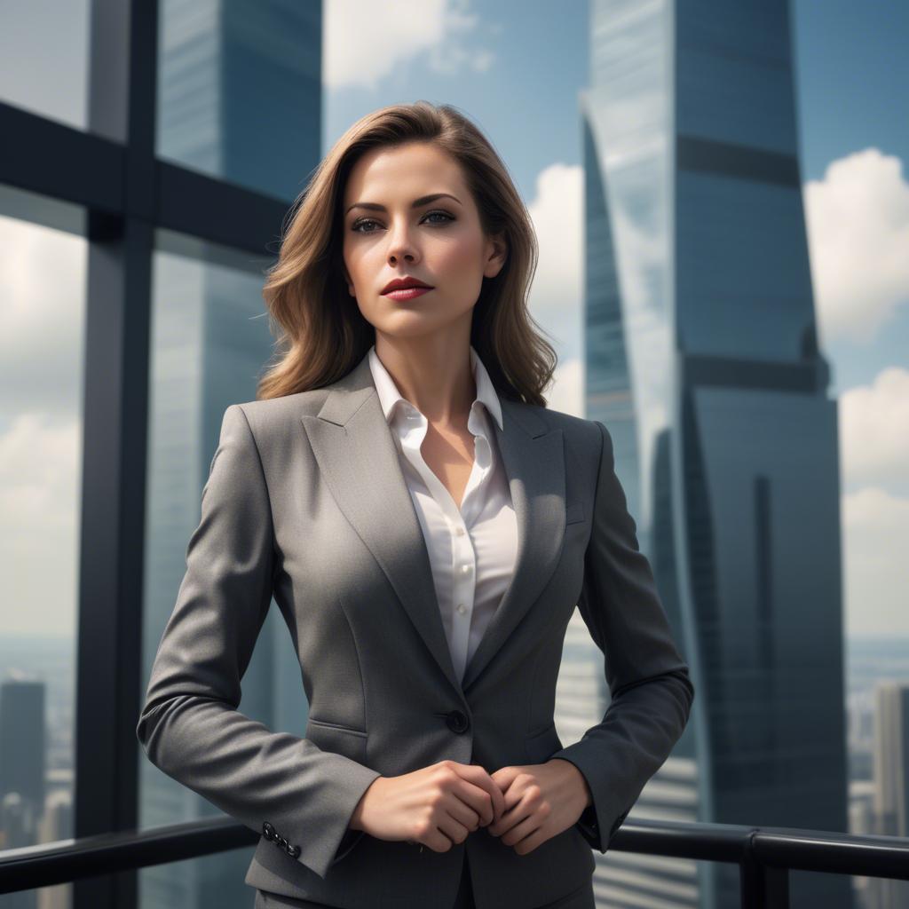 A stunning image of sophisticated woman in a power suit at a skyscraper.
