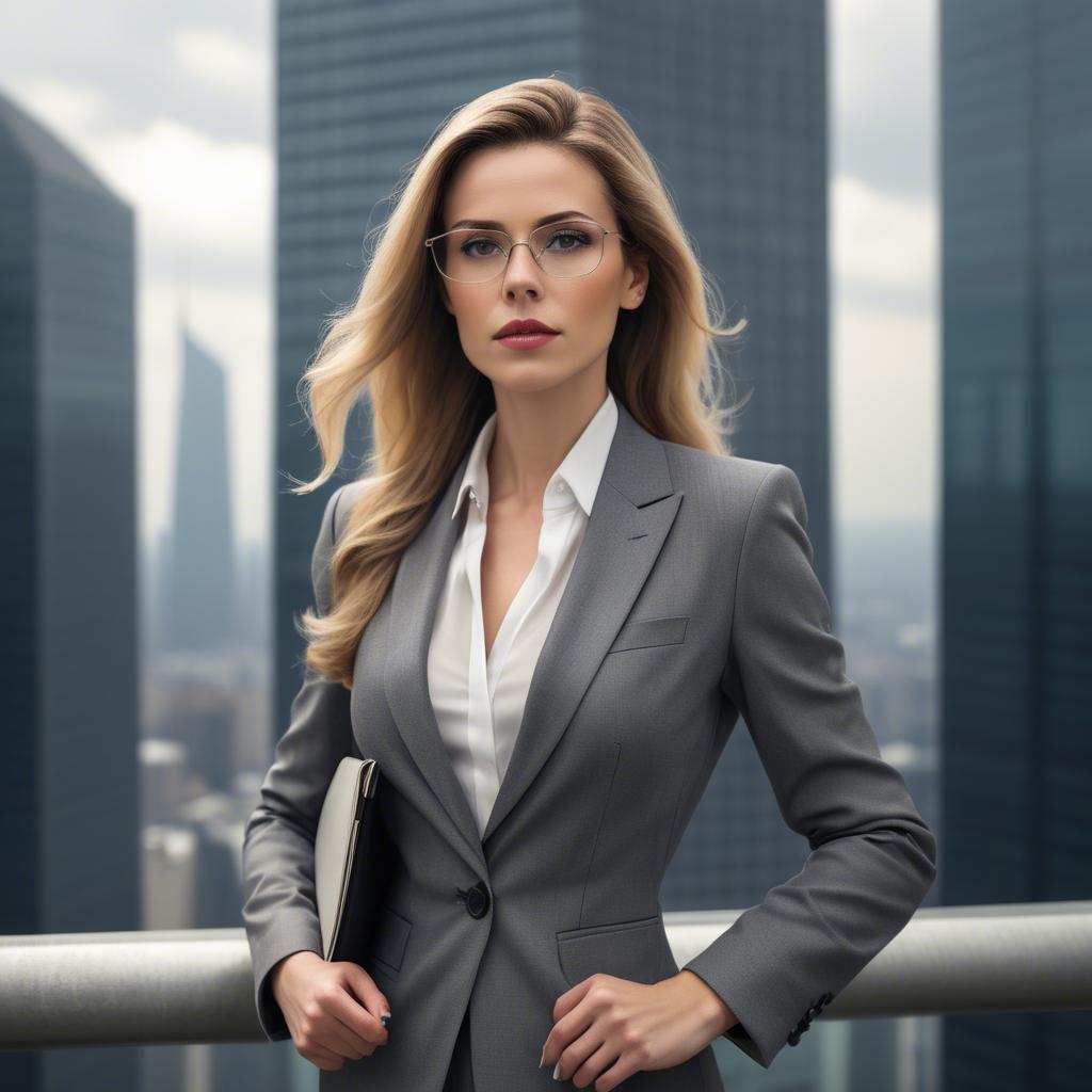 A stunning image of sophisticated woman in a power suit at a skyscraper.