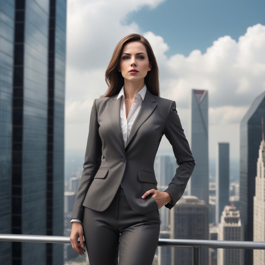 A stunning image of sophisticated woman in a power suit at a skyscraper.