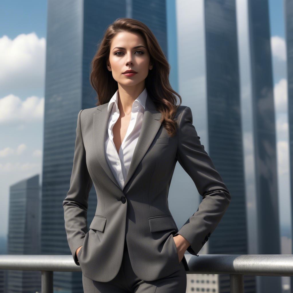 A stunning image of sophisticated woman in a power suit at a skyscraper.