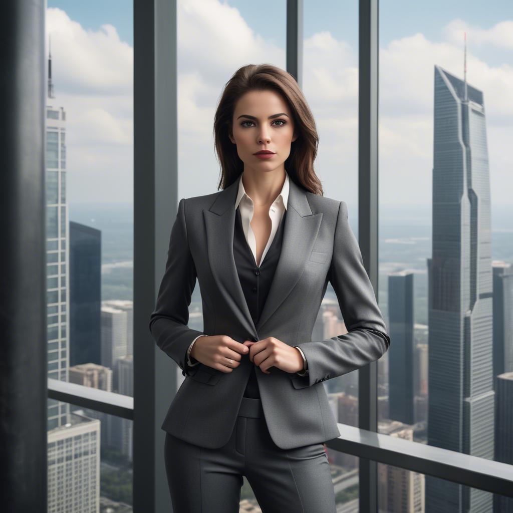 A stunning image of sophisticated woman in a power suit at a skyscraper.