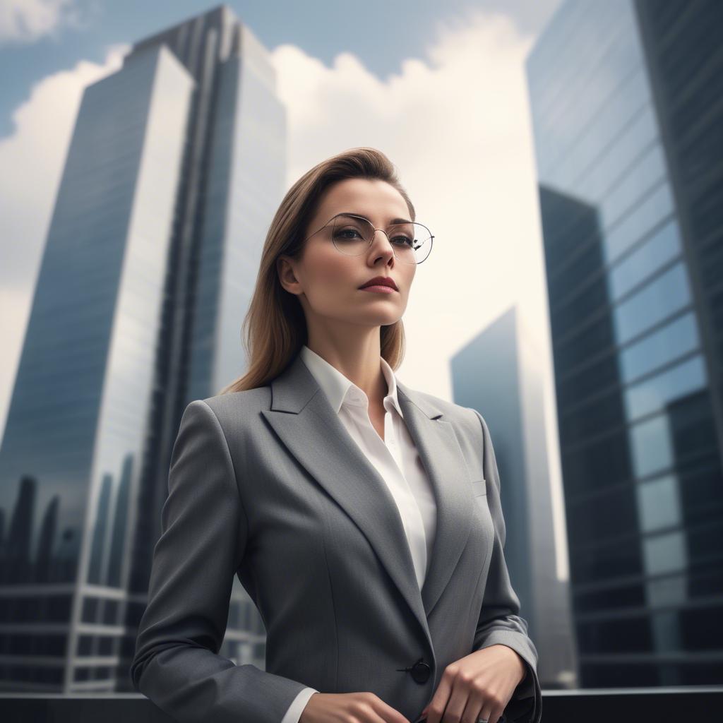 A stunning image of sophisticated woman in a power suit at a skyscraper.