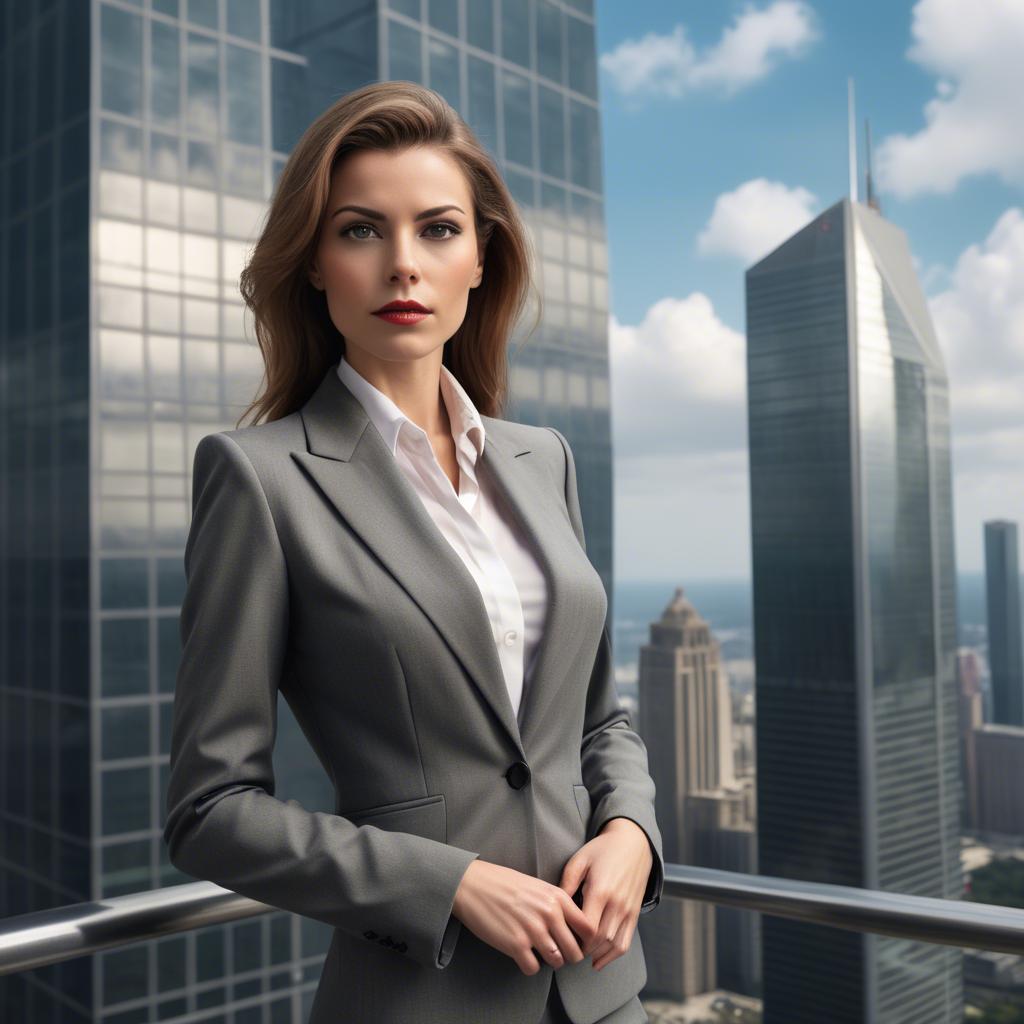 A stunning image of sophisticated woman in a power suit at a skyscraper.