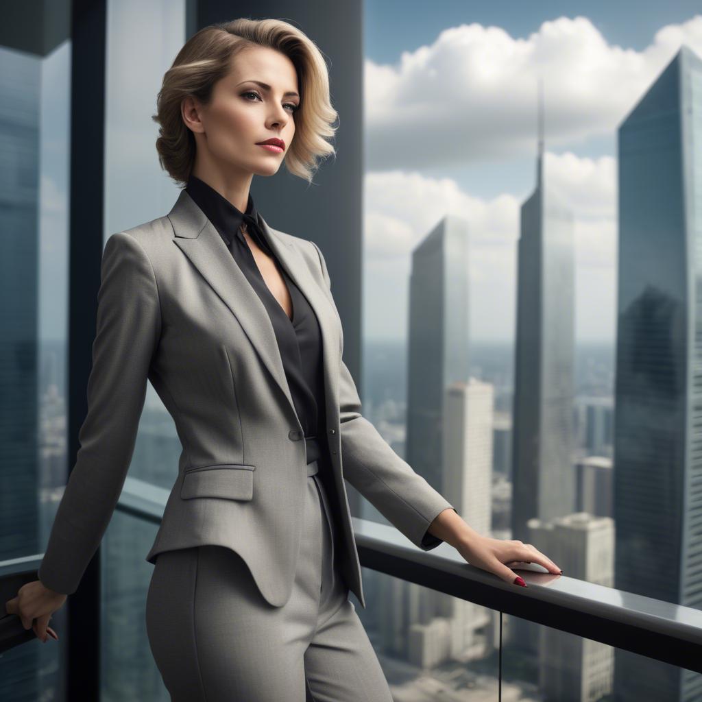 A stunning image of sophisticated woman in a power suit at a skyscraper.
