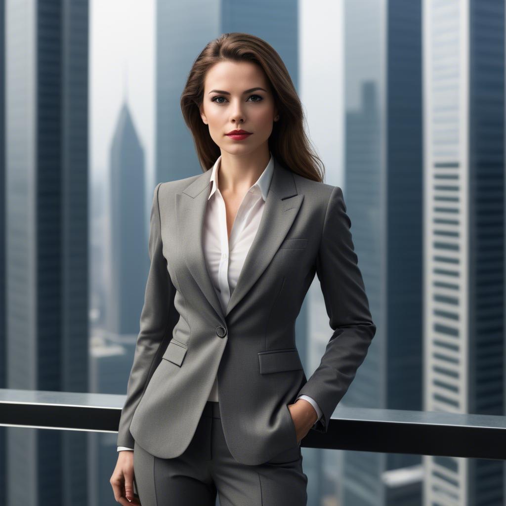 A stunning image of sophisticated woman in a power suit at a skyscraper.