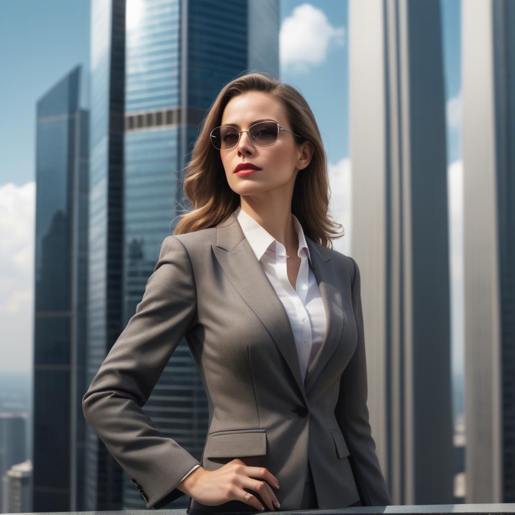 A stunning image of sophisticated woman in a power suit at a skyscraper.