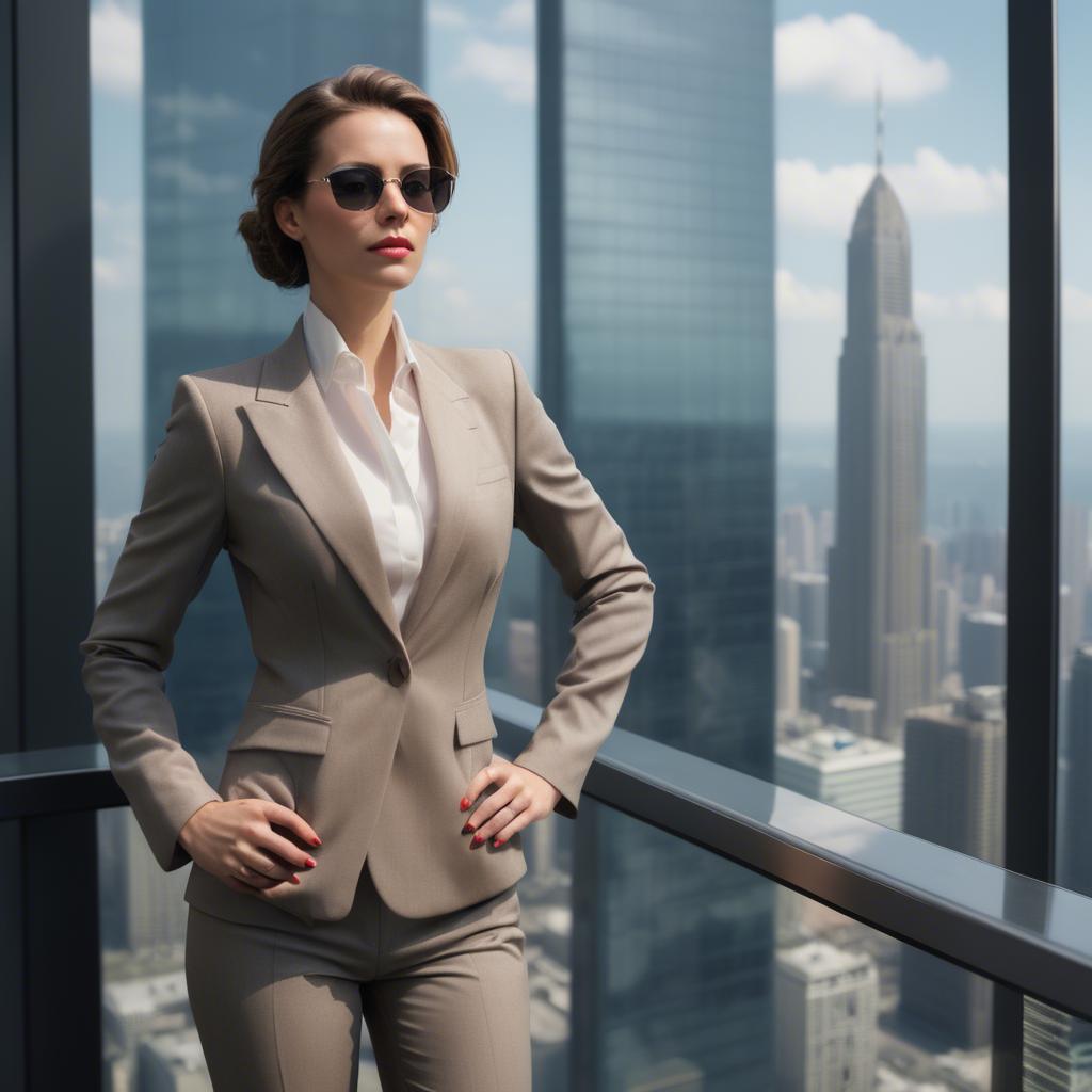 A stunning image of sophisticated woman in a power suit at a skyscraper.