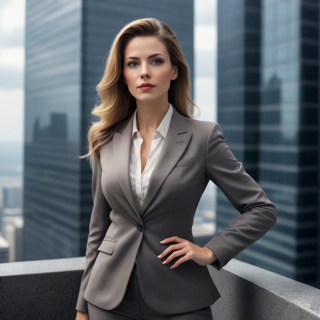A stunning image of sophisticated woman in a power suit at a skyscraper.