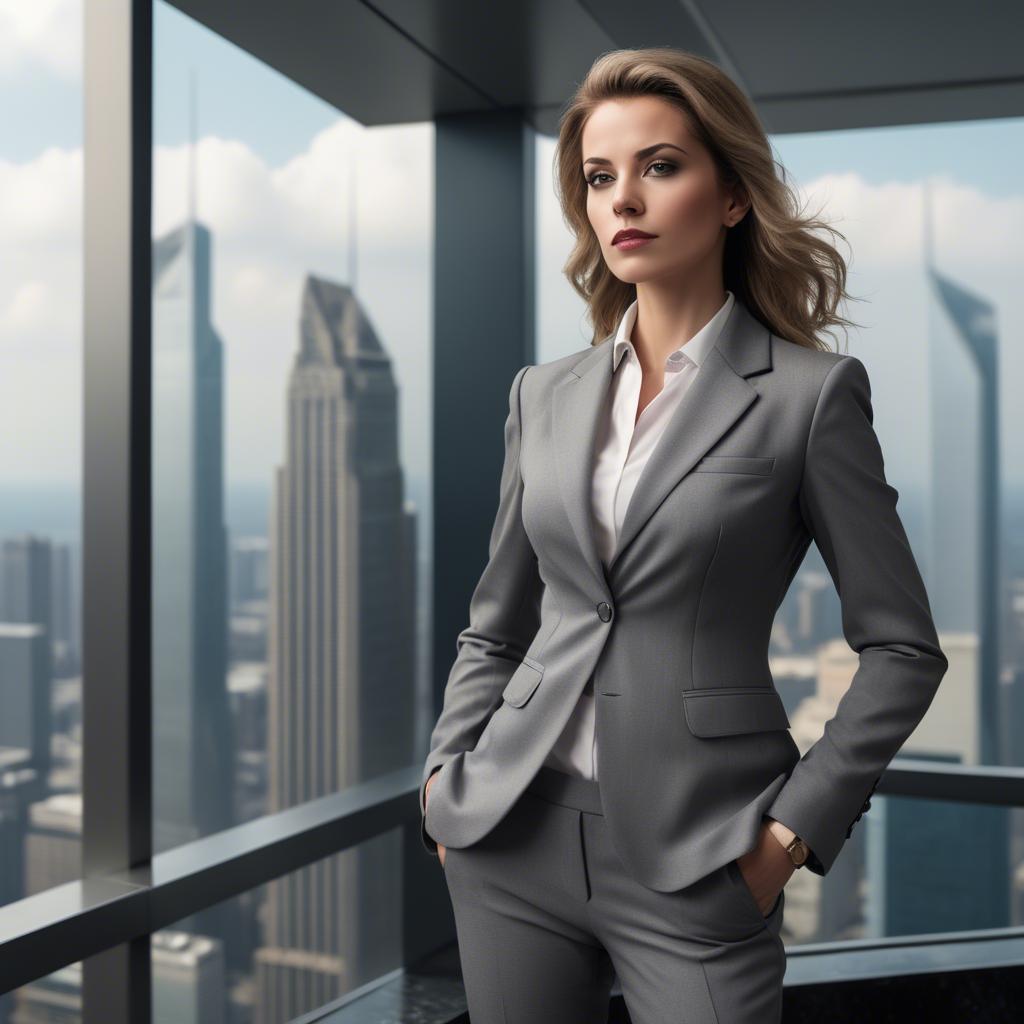 A stunning image of sophisticated woman in a power suit at a skyscraper.