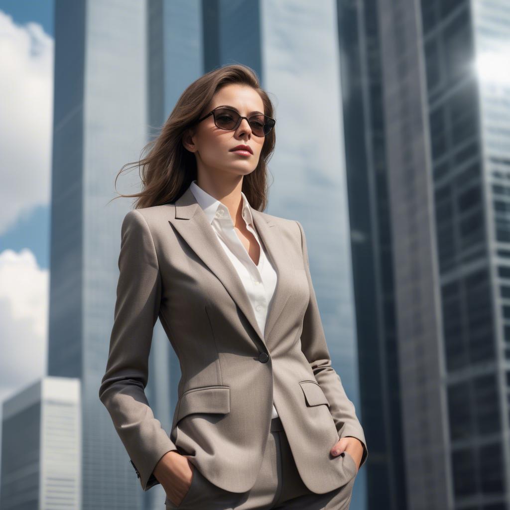 A stunning image of sophisticated woman in a power suit at a skyscraper.