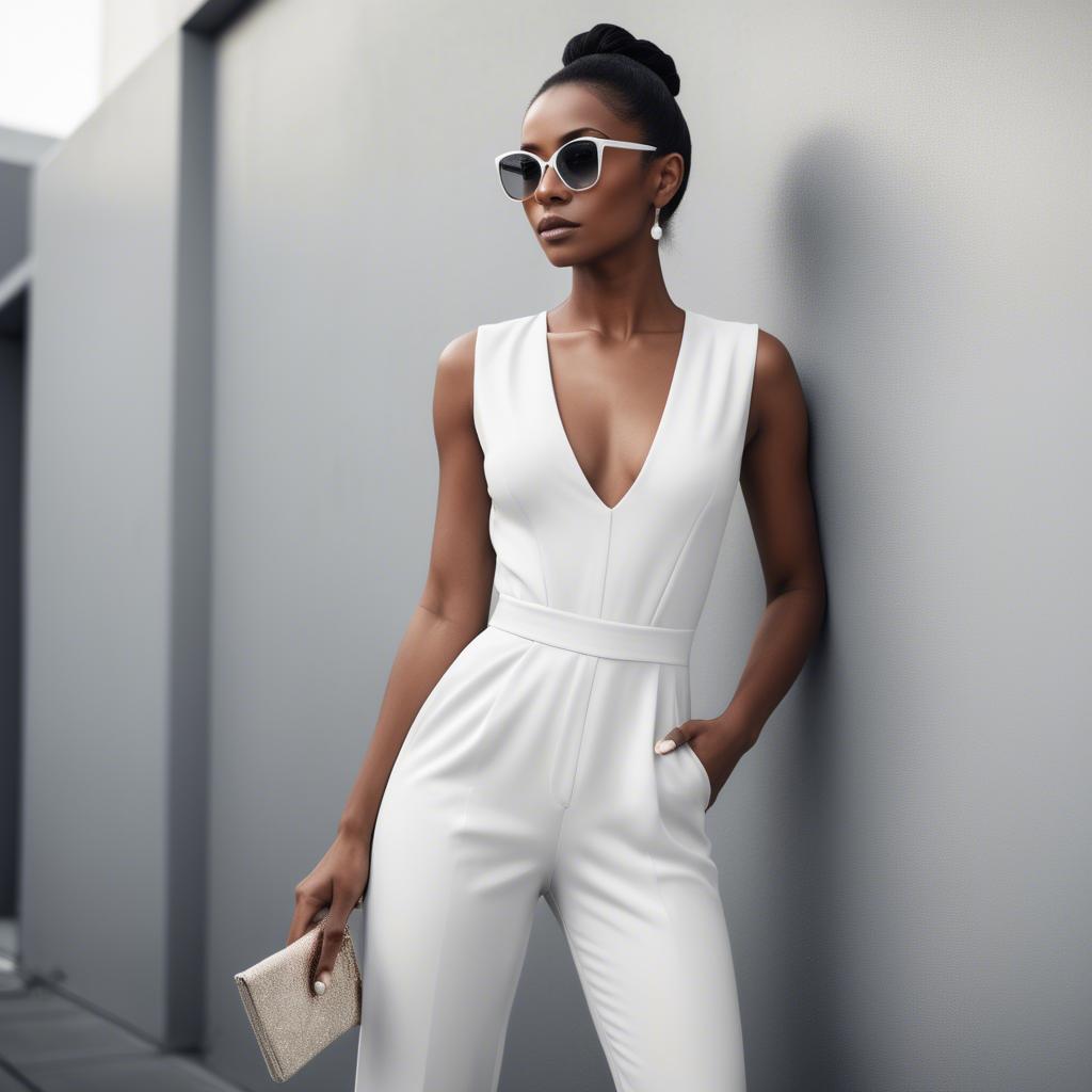 A stunning image of sophisticated woman in a sleek white jumpsuit.