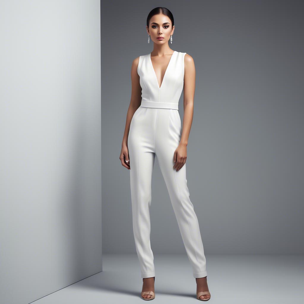 A stunning image of sophisticated woman in a sleek white jumpsuit.