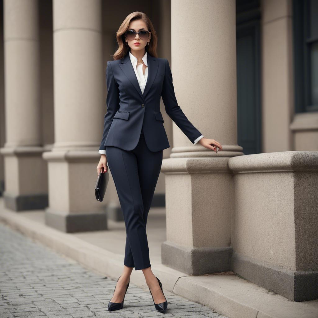 A stunning image of sophisticated woman in a tailored suit and heels.