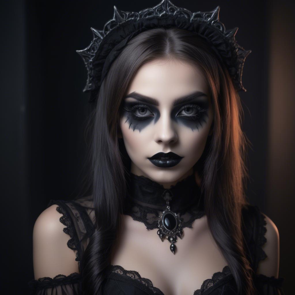 A stunning image of stunning girl with gothic makeup in a dark room.