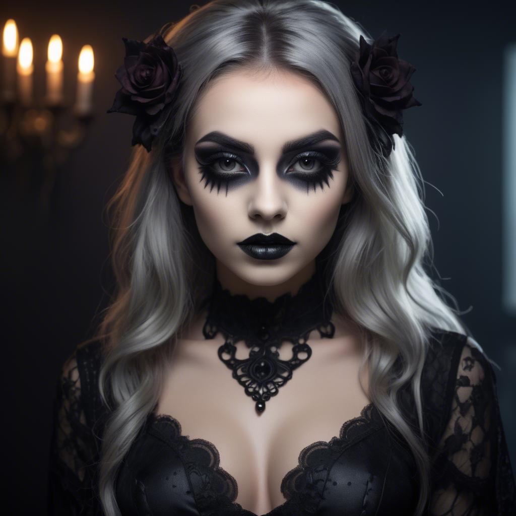 A stunning image of stunning girl with gothic makeup in a dark room.