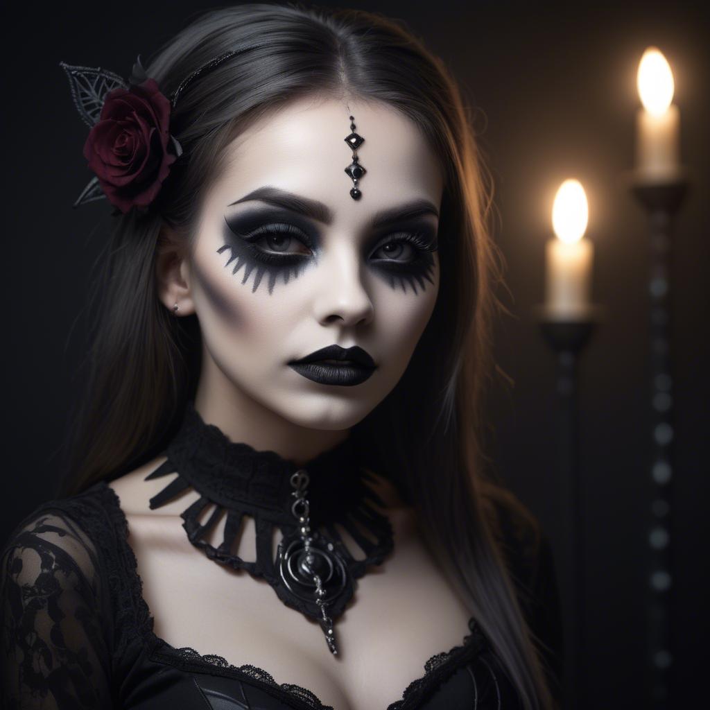 A stunning image of stunning girl with gothic makeup in a dark room.