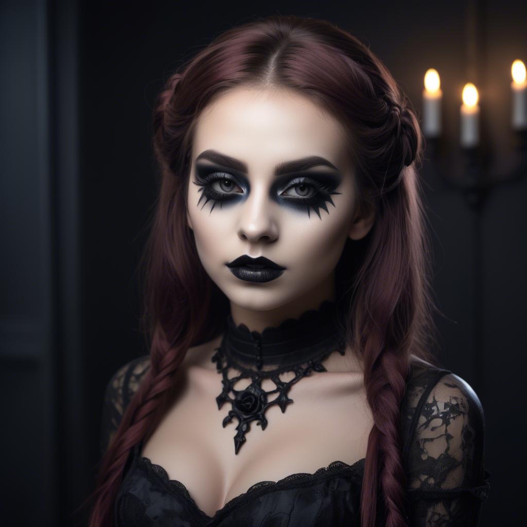 A stunning image of stunning girl with gothic makeup in a dark room.