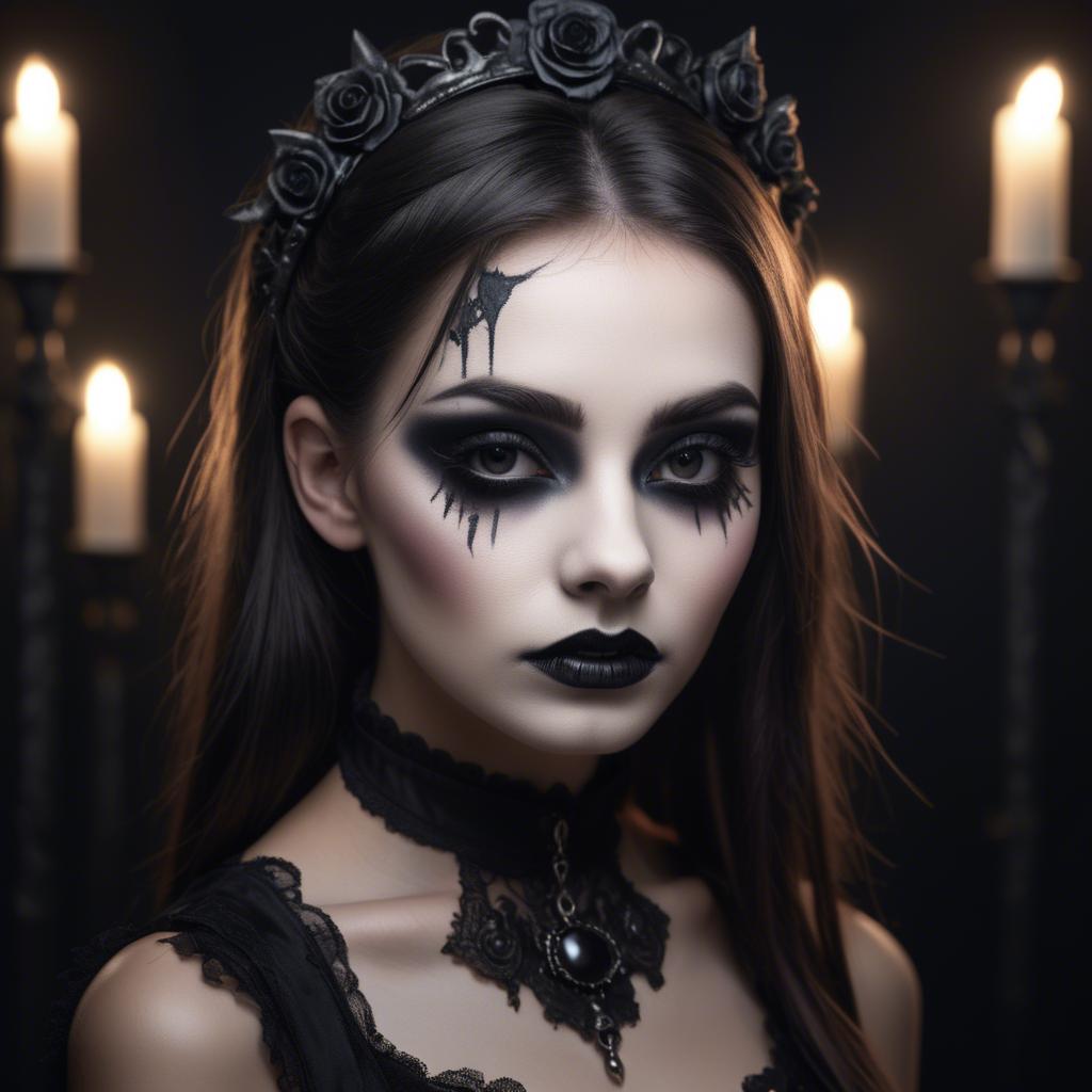 A stunning image of stunning girl with gothic makeup in a dark room.
