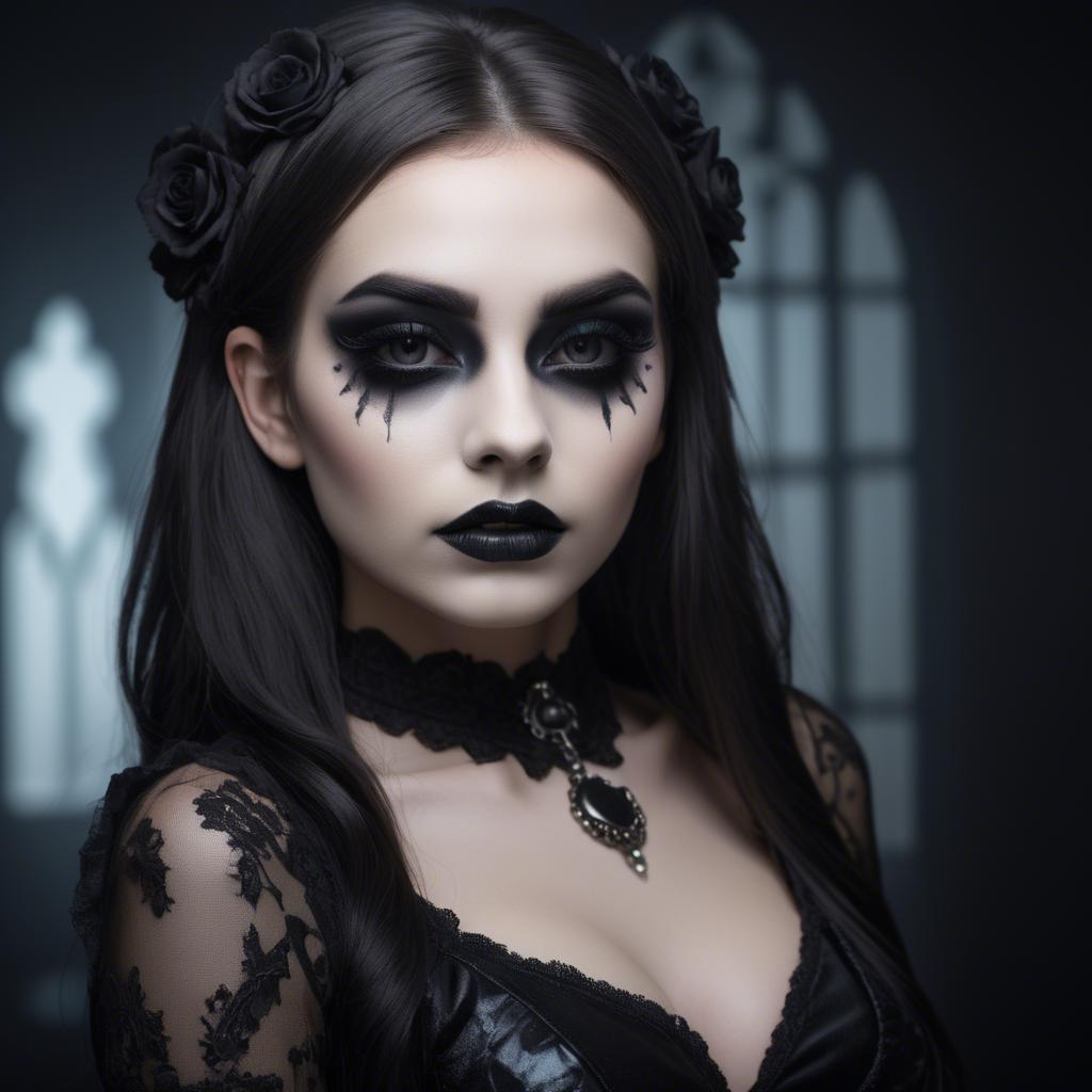 A stunning image of stunning girl with gothic makeup in a dark room.