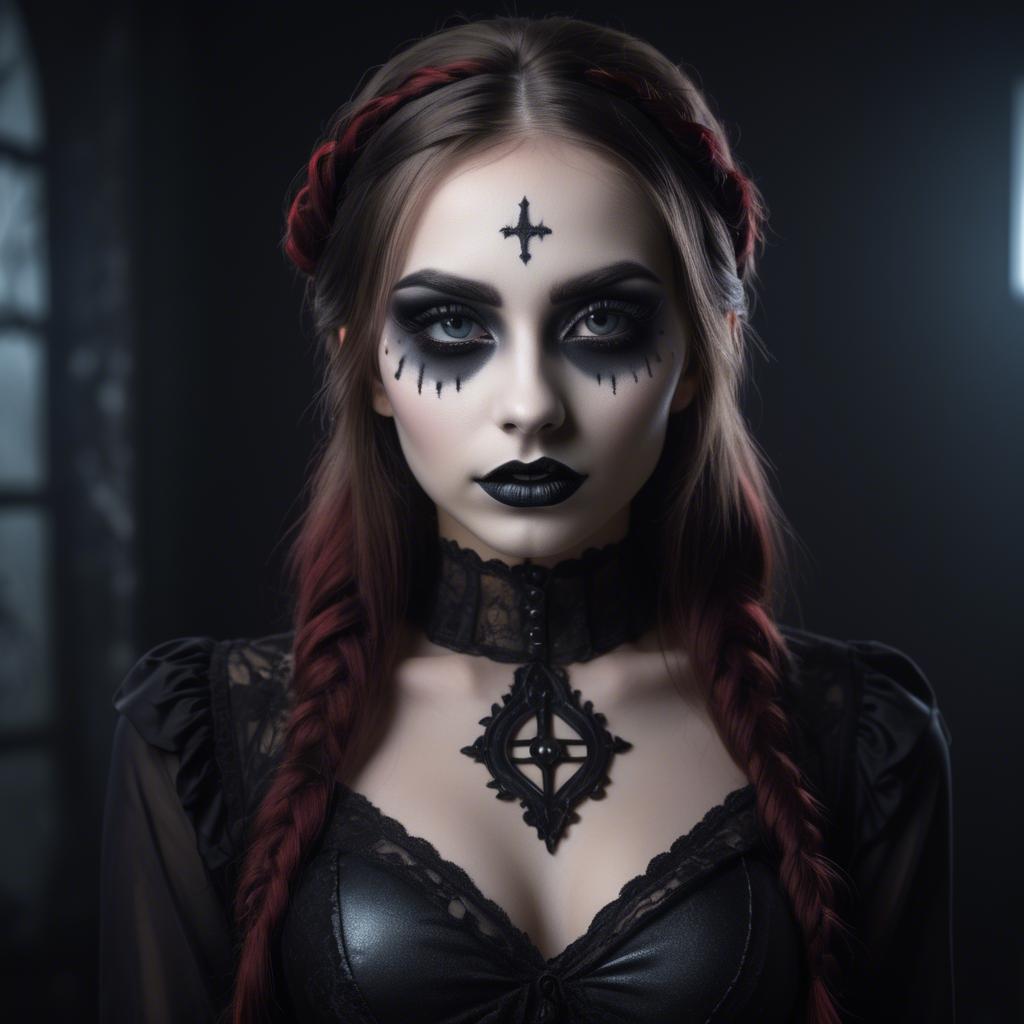 A stunning image of stunning girl with gothic makeup in a dark room.