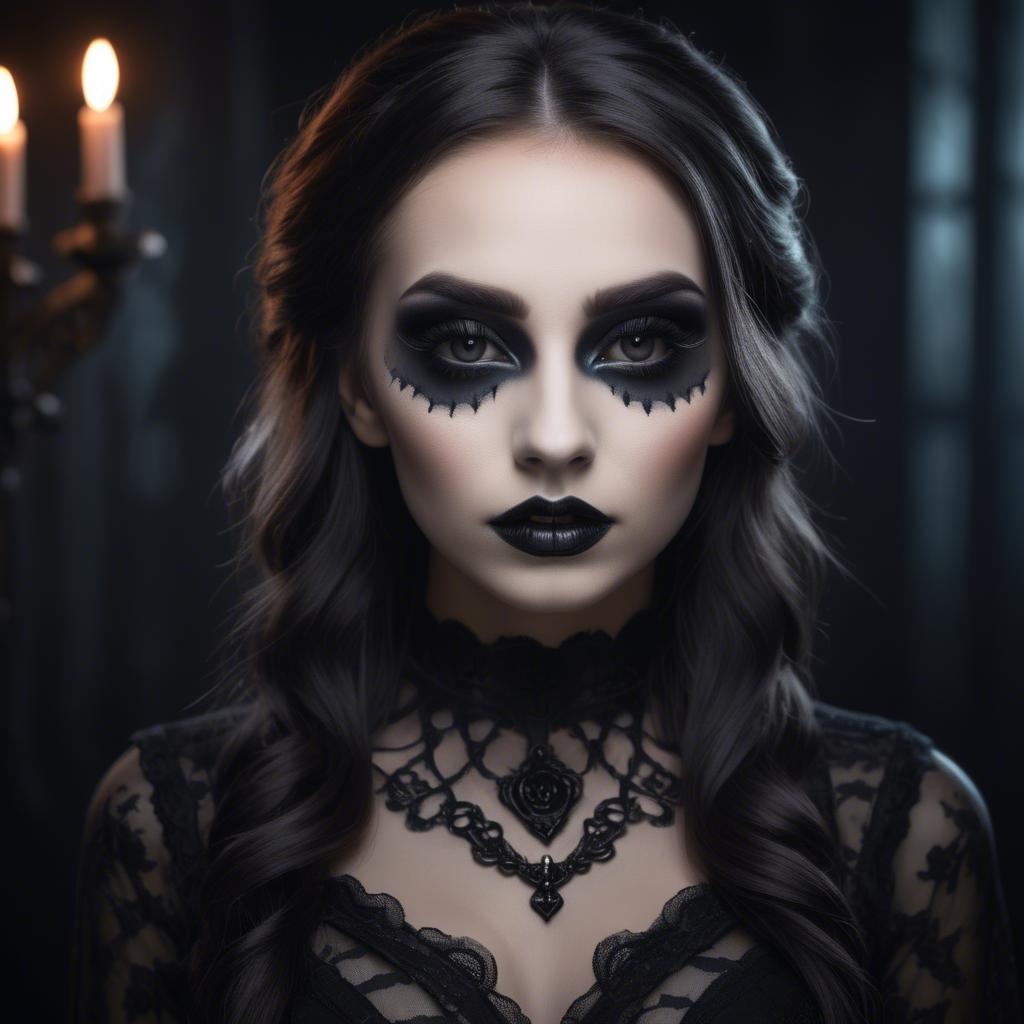 A stunning image of stunning girl with gothic makeup in a dark room.