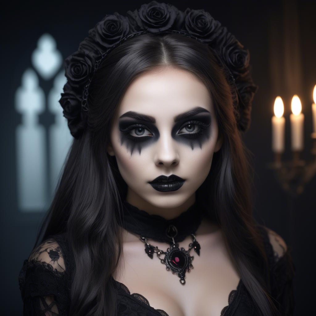 A stunning image of stunning girl with gothic makeup in a dark room.