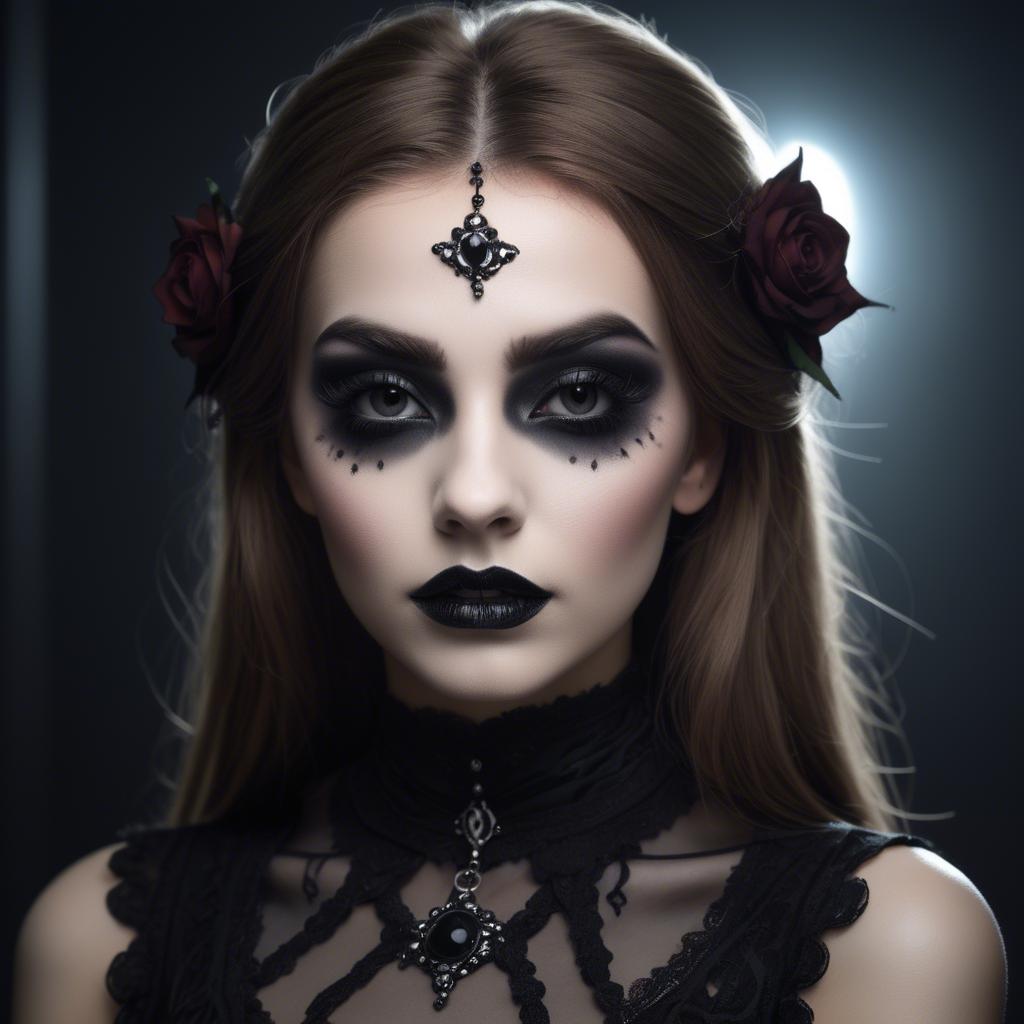 A stunning image of stunning girl with gothic makeup in a dark room.